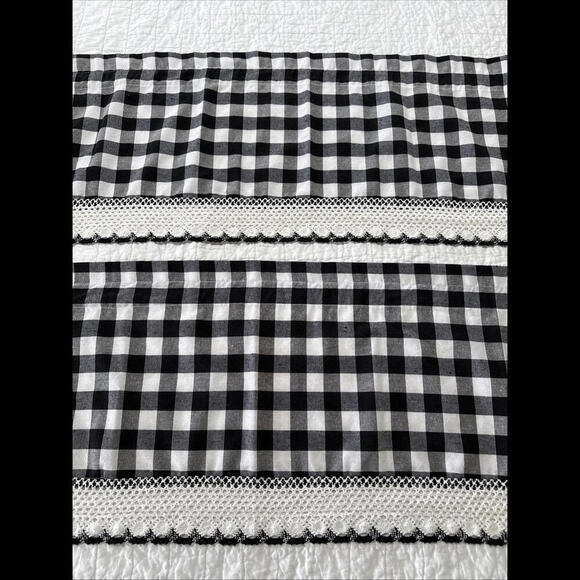 2 Buffalo Plaid Kitchen Curtains Valance Black White Check Crochet Trim 15x58”​ - Picture 1 of 5